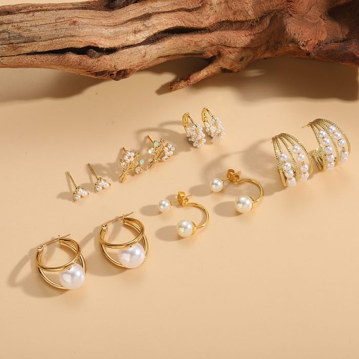 1 Pair Elegant Basic Geometric Plating Inlay Copper Pearl Zircon 14K Gold Plated Earrings