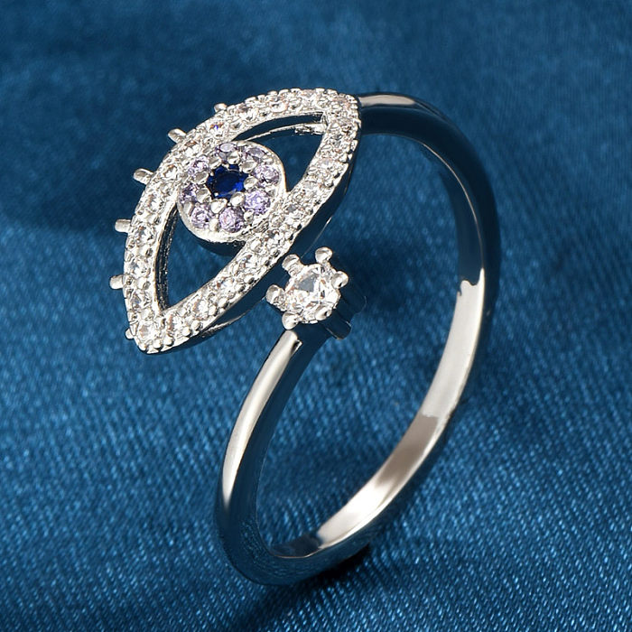 Offener Ring im modernen Stil mit Blättern, herzförmigem Auge, Kupfereinlage und Zirkon