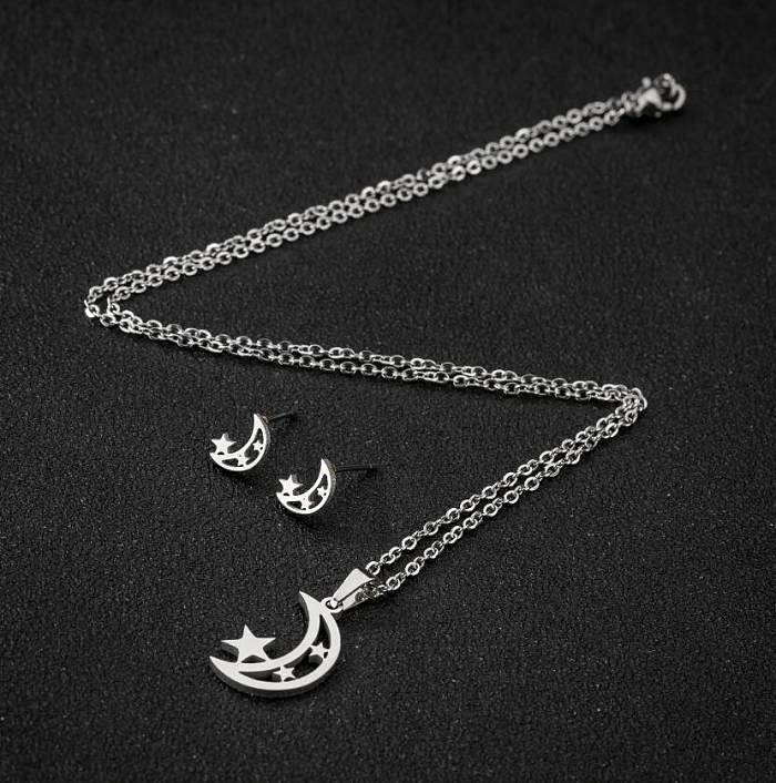 1 ensemble de boucles d'oreilles et collier en acier plaqué titane, étoile, lune, cœur, à la mode