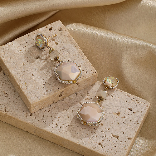 1 paire de boucles d'oreilles pendantes avec incrustation hexagonale de Style IG, pierres précieuses artificielles en cuivre