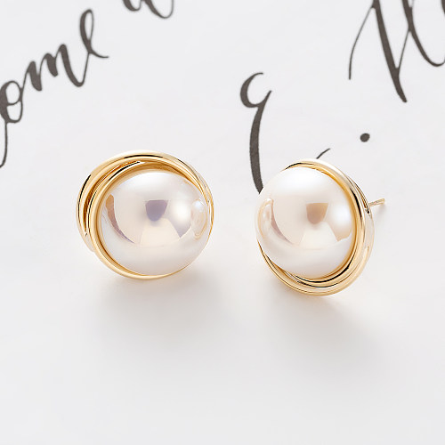1 paire de perles artificielles en cuivre plaqué or 18 carats, Style Simple, incrustation ronde, clous d'oreilles