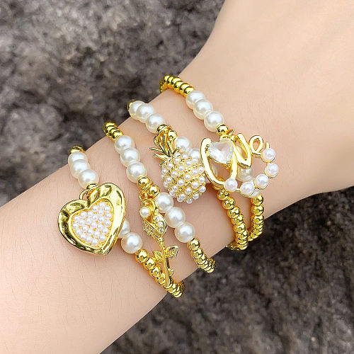 Baroque Style Heart Shape Bow Knot Key Copper Gold Plated Artificial Pearls Zircon Bracelets 1 Piece