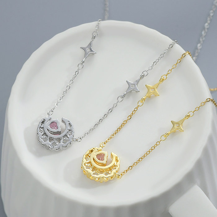 1 Stück modische Halskette mit Stern- und Mond-Herzform, Kupfer-Intarsien und Zirkon-Anhänger