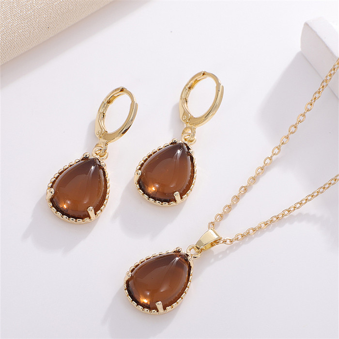 Casual Sweet Simple Style Geometric Water Droplets Copper Inlay Glass Earrings Necklace