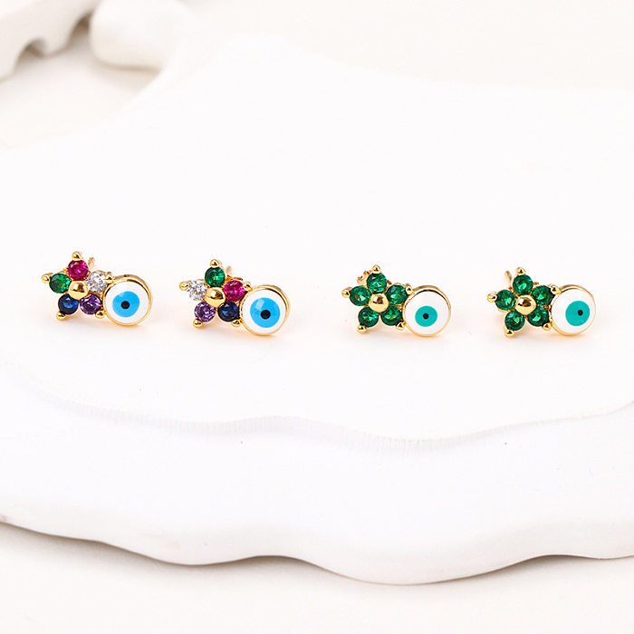 1 Pair Cute Flower Enamel Plating Inlay Copper Zircon 18K Gold Plated Ear Studs