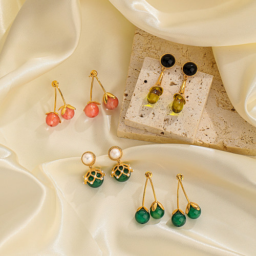1 Paar elegante Streetwear-Ohrringe mit geometrischer Beschichtung, Kupfer-Naturstein-Achat, 18 Karat vergoldet