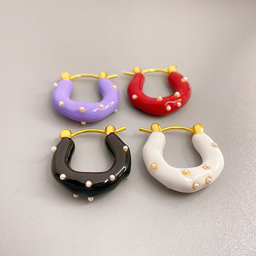 1 Paar Retro-Ohrringe in U-Form mit Kupfer-Emaille-Beschichtung und Inlay-Perle, 18 Karat vergoldet