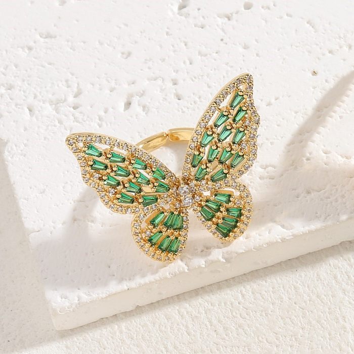 Elegant Classic Style Butterfly Copper Asymmetrical Plating Inlay Zircon 14K Gold Plated Open Rings