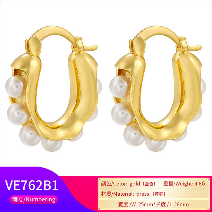 1 Paar einfache U-förmige Kupfer-Inlay-Ohrringe mit künstlichen Perlen