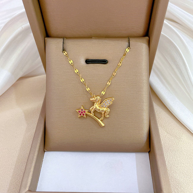 Luxurious Star Unicorn Titanium Steel Copper Inlay Zircon Pendant Necklace