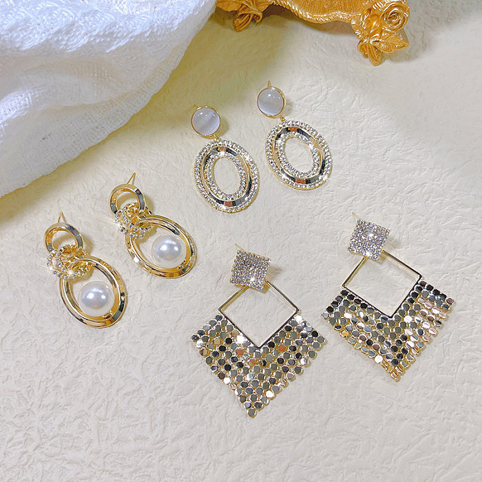 1 Pair Elegant Lady Geometric Inlay Imitation Pearl Copper Zircon Drop Earrings