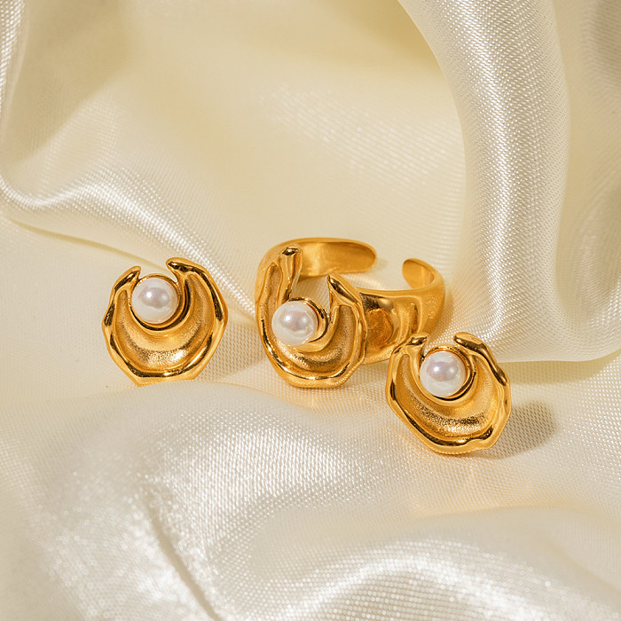 IG Style Simple Style Irregular Stainless Steel Plating Inlay Pearl 18K Gold Plated Rings Earrings