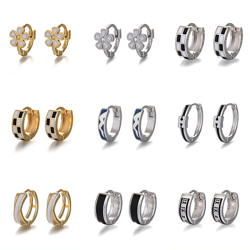 Fashion Flower Checkered Brass Plating Hoop Earrings 1 Pair
