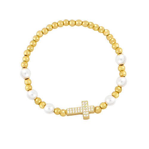 Pulseras cruzadas de cobre de moda Pulseras de cobre de circón chapadas en oro con perlas