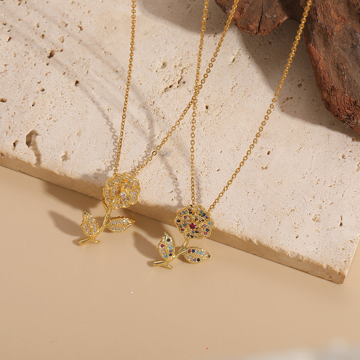 Collar con colgante chapado en oro de 14 quilates con incrustaciones de cobre y flor estilo INS