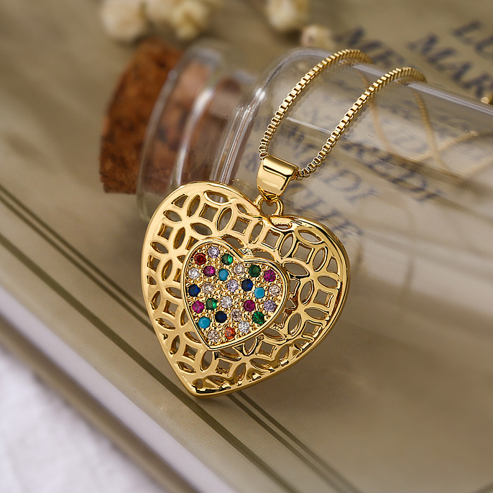 Simple Style Commute Heart Shape Copper Plating Hollow Out Inlay Zircon 18K Gold Plated Pendant Necklace