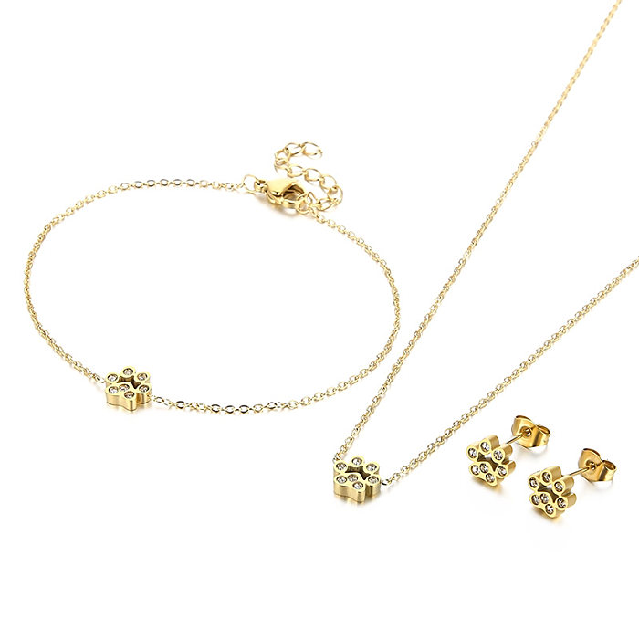 Süßes Pfotenabdruck-Titanstahl-Beschichtungs-Inlay, künstlicher Diamant, 18 Karat vergoldet, rosévergoldete Armbänder, Ohrringe, Halskette