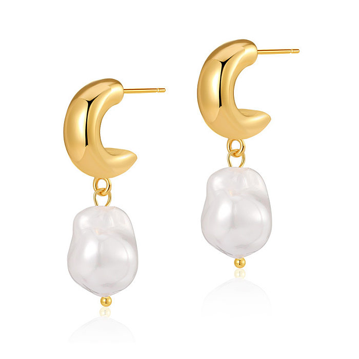 1 Pair Baroque Style C Shape Geometric Flower Plating Imitation Pearl Copper 18K Gold Plated Drop Earrings