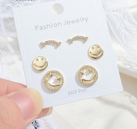 Fashion Smiley Face Copper Plating Hollow Out Inlay Zircon Ear Studs 1 Set