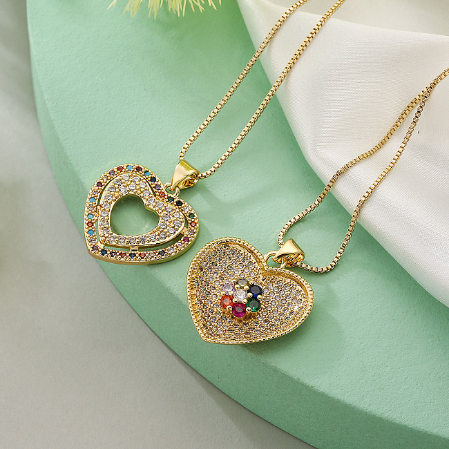 Simple Style Commute Colorful Heart Shape Copper Plating Inlay Zircon 18K Gold Plated Pendant Necklace