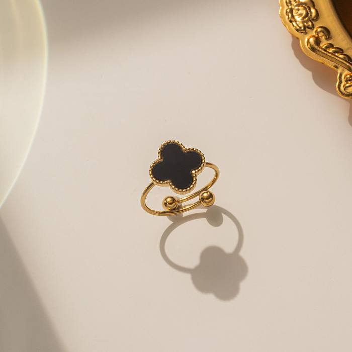 Casual Classic Style Four Leaf Clover Flower Stainless Steel Enamel Inlay Shell Open Rings