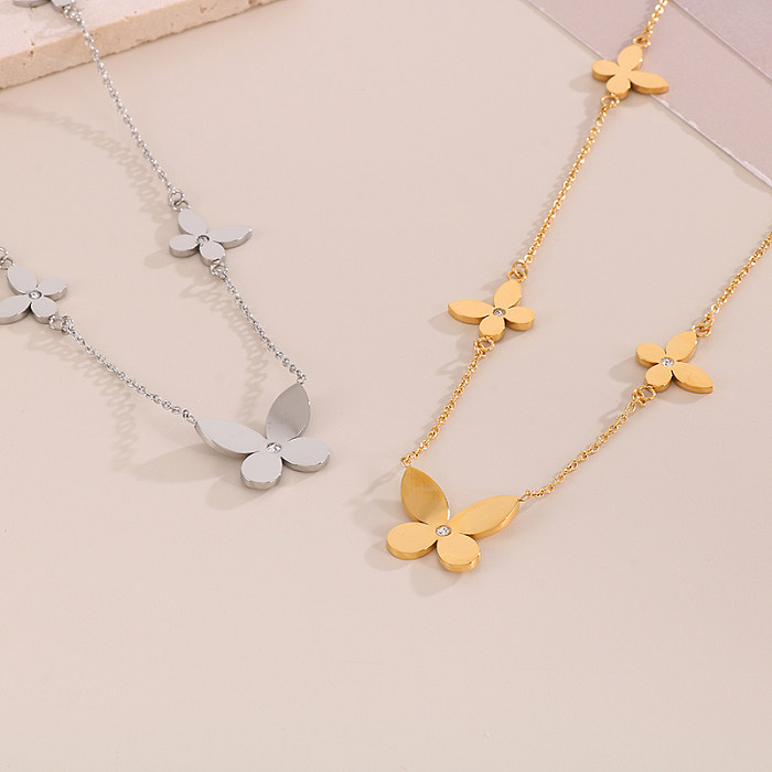 Sweet Simple Style Four Leaf Clover Titanium Steel Plating Inlay Artificial Diamond 18K Gold Plated Bracelets Necklace