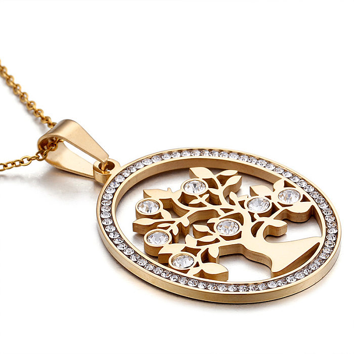 Nouveau collier boucles d'oreilles ensemble bague ronde cercle complet diamant incrusté Zircon arbre ensemble de bijoux en acier inoxydable