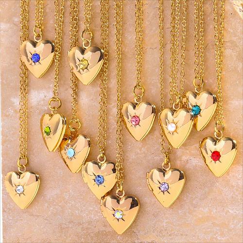 Retro-Halskette mit Anhänger in Herzform, Titanstahl, Kupferbeschichtung, Inlay, Geburtsstein, 14 Karat vergoldet