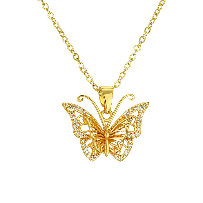 Retro Dolphin Butterfly Elephant Copper Plating Inlay Zircon Gold Plated Pendant Necklace
