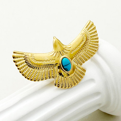 Pastoral artístico streetwear pássaro aço inoxidável polimento chapeamento incrustação turquesa banhado a ouro anéis abertos