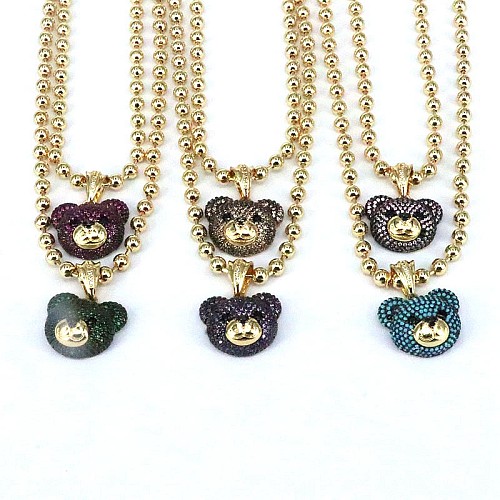 Hip-Hop Little Bear Copper Plating Inlay Zircon Gold Plated Pendant Necklace