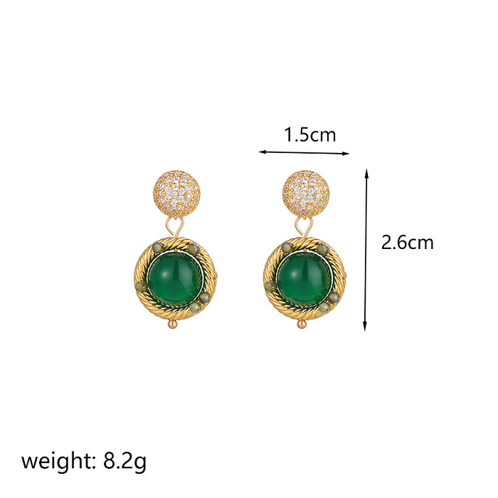 1 paire de boucles d'oreilles pendantes plaquées or 18 carats, Style moderne, incrustation ronde en cuivre, Agate et Zircon