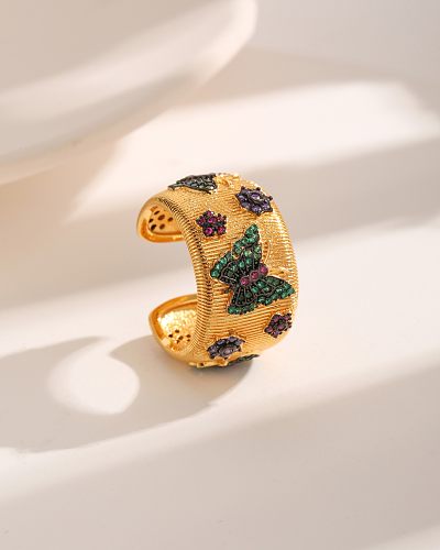 Estilo vintage estilo francês flor borboleta revestimento de cobre incrustação zircão 18K anéis abertos banhados a ouro