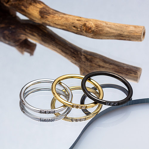 Anéis de zircão com embutimento de aço de titânio geométrico estilo simples feminino