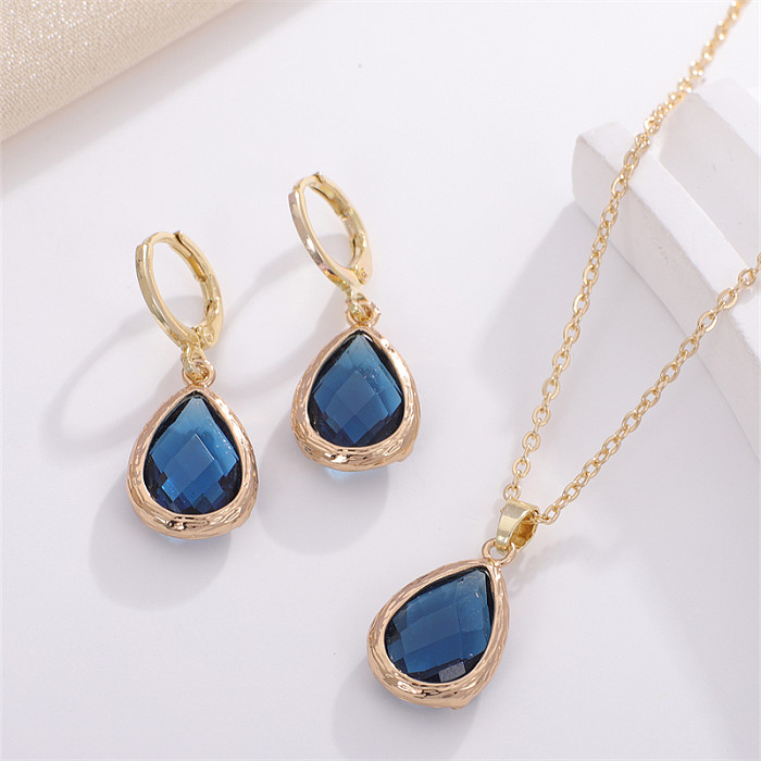 Casual Vintage Style Geometric Water Droplets Copper Inlay Glass Earrings Necklace