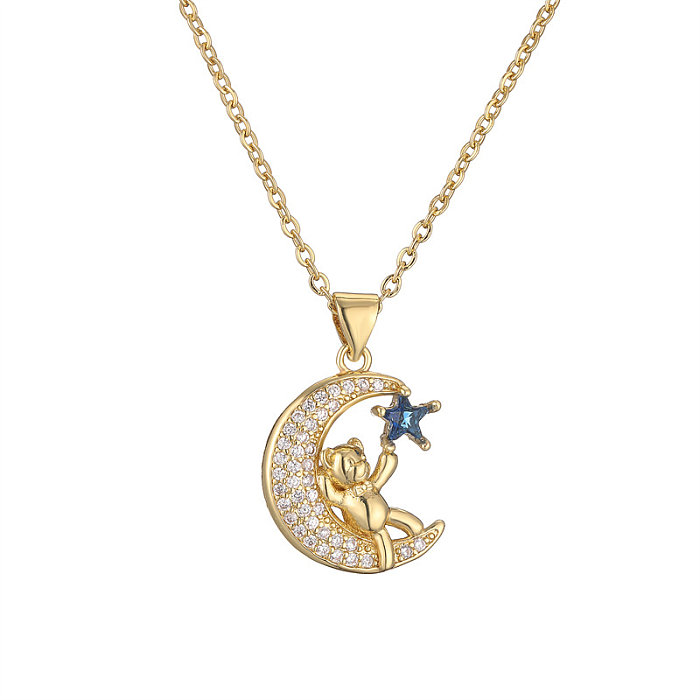 IG Style Style Simple petit ours étoile lune cuivre placage incrustation Zircon plaqué or pendentif collier