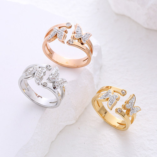 Casual Sweet Butterfly Stainless Steel Plating Inlay Zircon 24K Gold Plated Open Ring