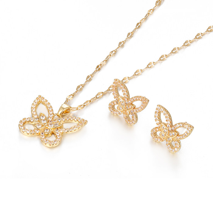 1 Set glänzende Schmetterlings-Kupferbeschichtung mit Zirkon-Inlay, 18 Karat vergoldet, Damen-Ohrringe und Halskette