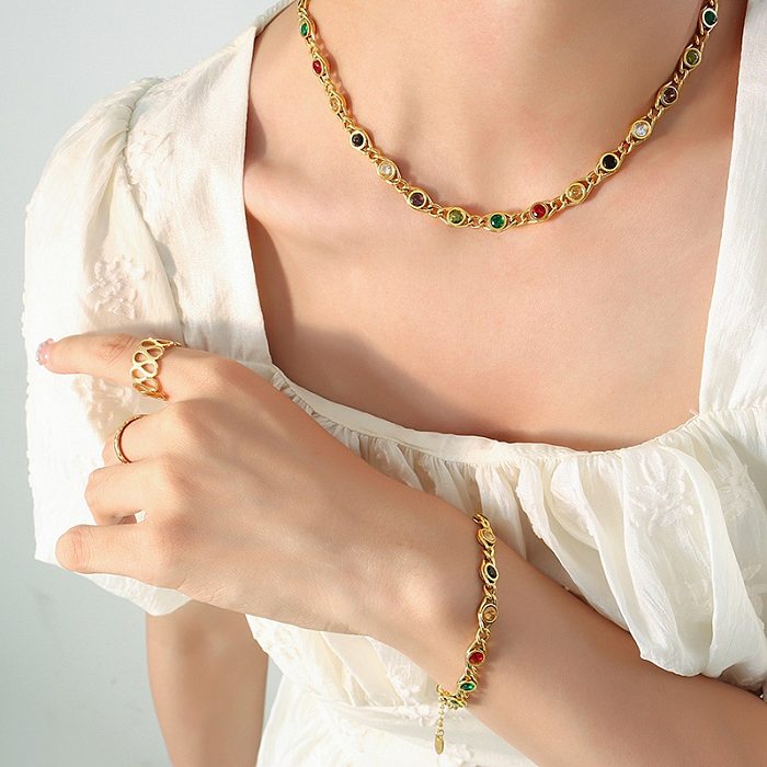 Modische runde Titan-Stahl-Inlay-Zirkon-Armband-Halskette für Damen