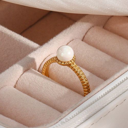 Fashion Stripe Stainless Steel Rings Inlay Artificial Pearls Stainless Steel Rings