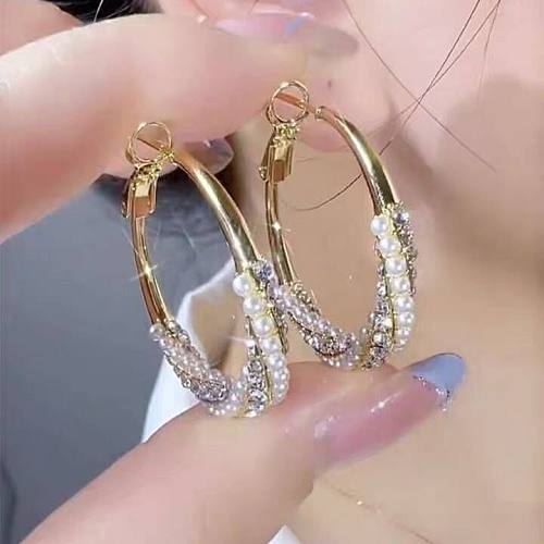 Boucles d'oreilles créoles en cuivre, 1 paire, Style Simple, placage de couleur unie, incrustation de perles artificielles, diamant artificiel