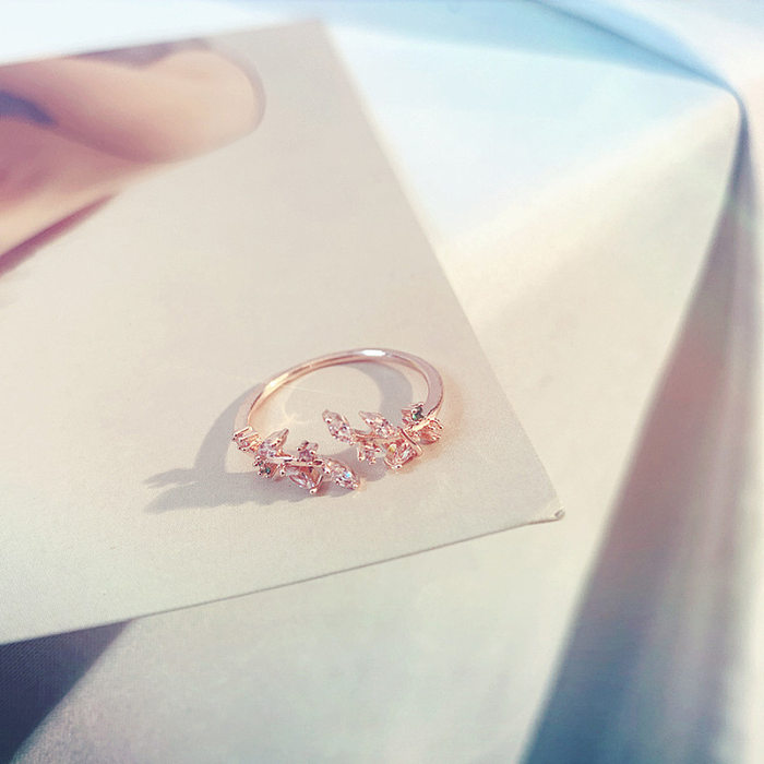 Elegant Lady Leaves Copper Inlay Zircon Open Ring