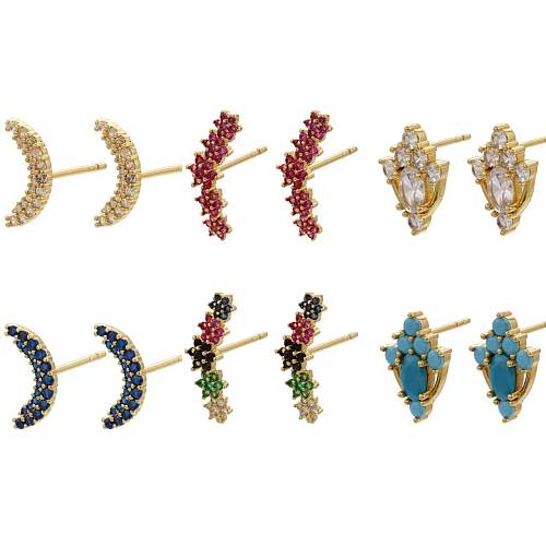 Micro Inlaid Zircon Colorful Crystals Stud Earrings Moon Flowers Pattern Stud Earrings
