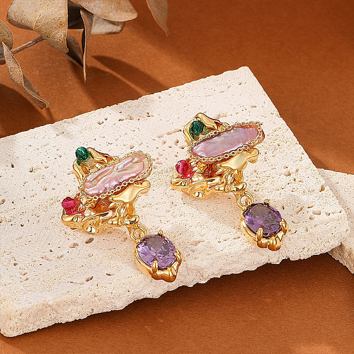 1 paire de boucles d'oreilles pendantes en cuivre plaqué or 18 carats, avec incrustation de placage géométrique rétro, perle baroque