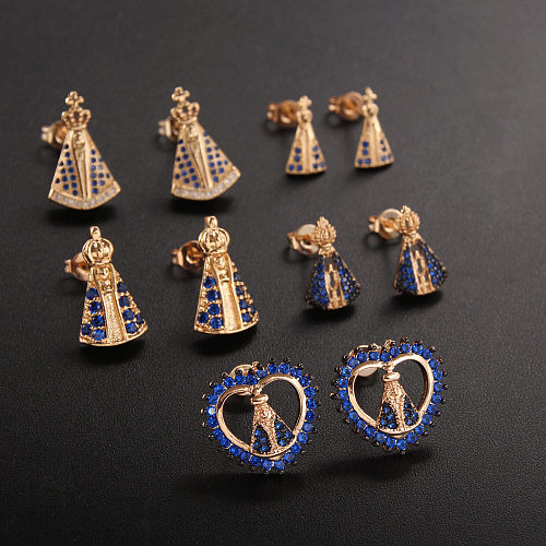 1 paire de boucles d'oreilles en forme de cœur, Style Vintage, incrustation de placage de couronne en cuivre et Zircon plaqué or