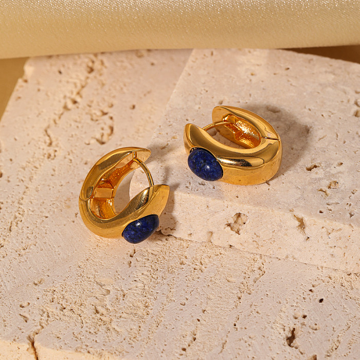 1 Pair Classical Retro Oval Plating Inlay Copper Artificial Gemstones 18K Gold Plated Hoop Earrings