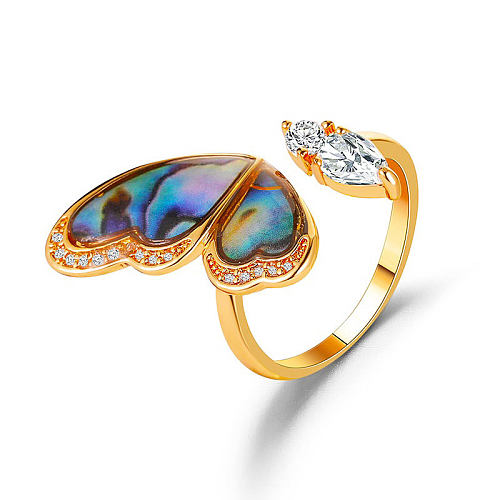 Nova fantasia asas de concha borboleta colorida micro-incrustada zircão anel aberto de cobre