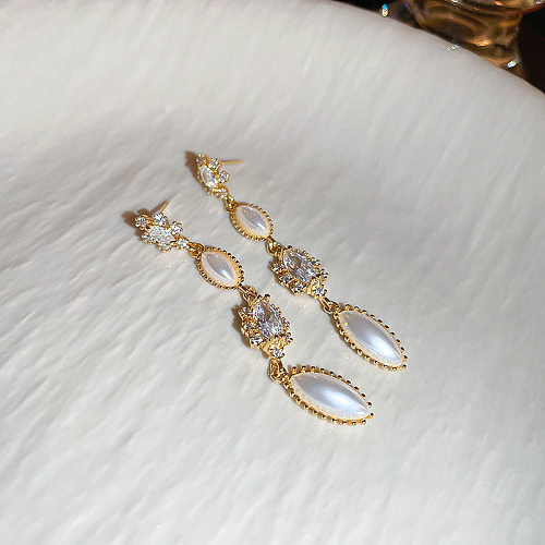 Fashion Oval Copper Inlay Pearl Zircon Drop Earrings 1 Pair