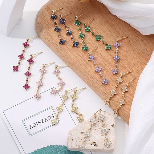 1 Pair Glam Shiny Flower Plating Inlay Copper Zircon 18K Gold Plated Drop Earrings