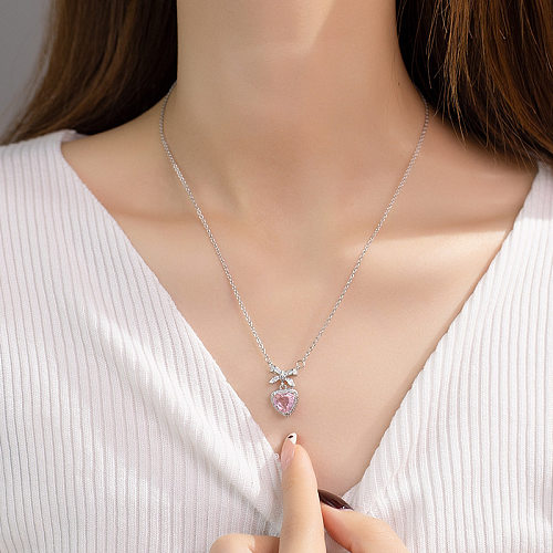IG Style Simple Style Heart Shape Bow Knot Copper Plating Inlay Zircon Pendant Necklace